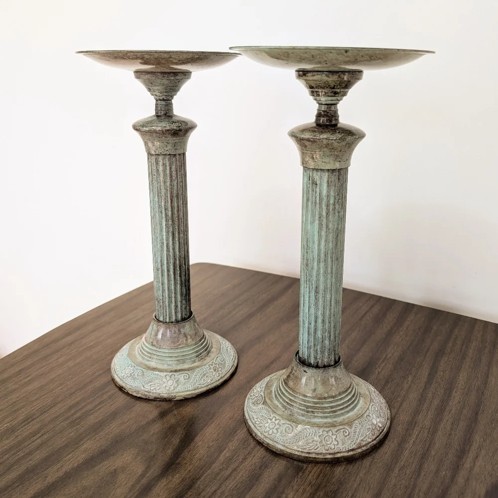 Vintage 1970s Greecian Roman Piller Style Metal Patina Tall Candle Holder Pair